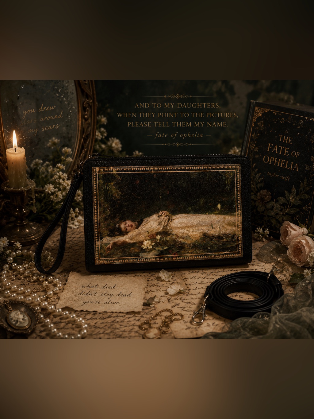 “The Fate Of Ophelia” Art Print Crossbody In Black And Vintage Oil-Tone